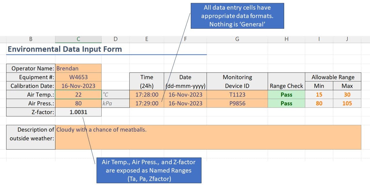 Working with this interface is simple: For data entry you just tab to the next cell, formats are automatic. To use the data in formulas you just reference the three named ranges.
